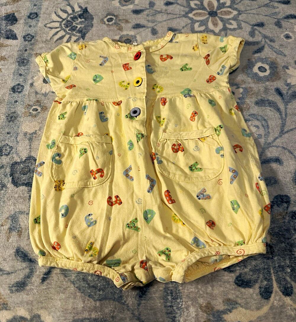 Vintage Yellow Alphabet Print Romper One-Piece 18-24M Short Sleeve Buttons